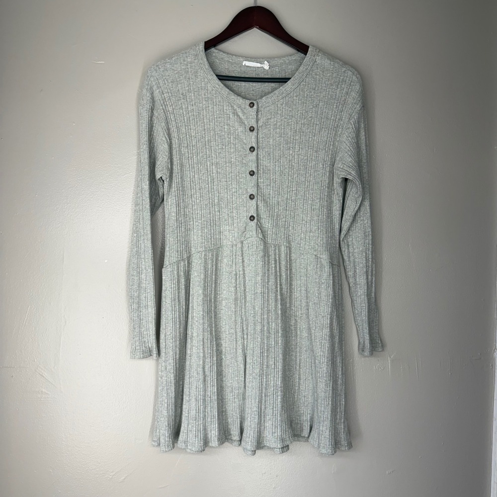 Lush Womens Heather Grey Ribbed Henley Mini Dress Long Sleeve Babydoll Size M